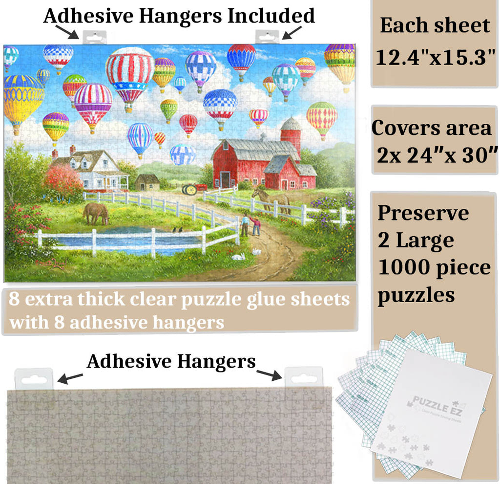 Puzzle EZ Preserve 5 x 1000 Piece Puzzle Clear Glue Sheets Adhesive Saver Peel and Stick Extra Large Thick No Mess with Hanging Tabs for Puzzle